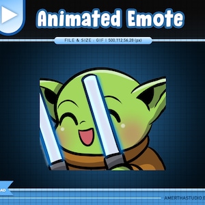 May include: Animated GIF of a green cartoon character with large eyes and a wide smile holding two blue lightsabers. The character is wearing a brown robe.