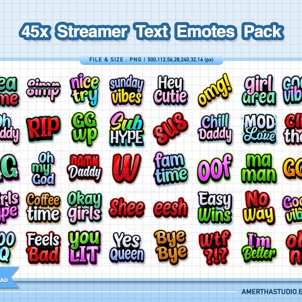 45x Cute Text Emotes Pack | Streamer Emote | Discord Emotes | Youtube Emotes | Facebook Emotes | Custom Emotes | Vtube Streamer | Twitch