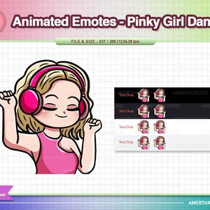Op de afbeelding: Geanimeerde emote van een stripmeisje met blond haar en een roze koptelefoon, dansend met gesloten ogen. De afbeelding bevat de tekst "Animated Emotes - Pinky Girl Dance" en "Instant Download."