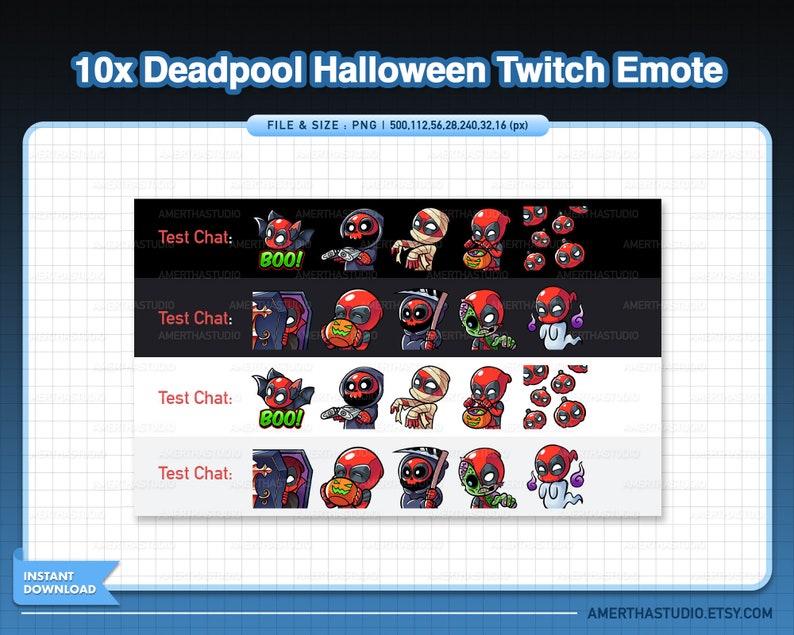 May include: A digital download graphic featuring 10 Deadpool-themed Halloween Twitch emotes. The emotes include Deadpool in various costumes, such as a mummy, vampire, and holding a pumpkin. The text "BOO!" is also included.