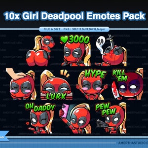 Puede incluir: Un conjunto de diez emoticonos digitales de dibujos animados con un personaje femenino en un traje rojo y negro con una variedad de expresiones. Los emoticonos incluyen "3000", "Hype", "Kill 'Em", "Lurk", "Oh Daddy", "Pew Pew", y más.