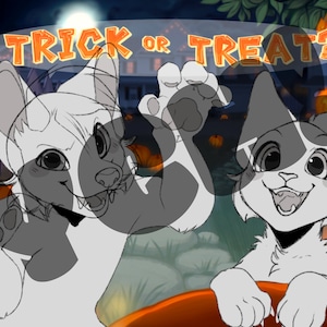 Puede incluir: Una ilustración digital que presenta dos personajes felinos antropomórficos con ojos grandes y rostros expresivos. El texto TRICK OR TREAT? aparece en naranja en la parte superior. El fondo muestra una escena oscura de Halloween con calabazas.