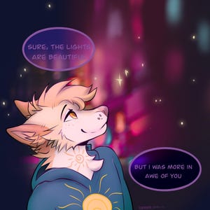 May include: Digital illustration of a furry character with light brown fur, wearing a blue hoodie with a sun design. The character looks up at colorful lights with text bubbles that read, "Sure, the lights are beautiful" and "But I was more in awe of you."