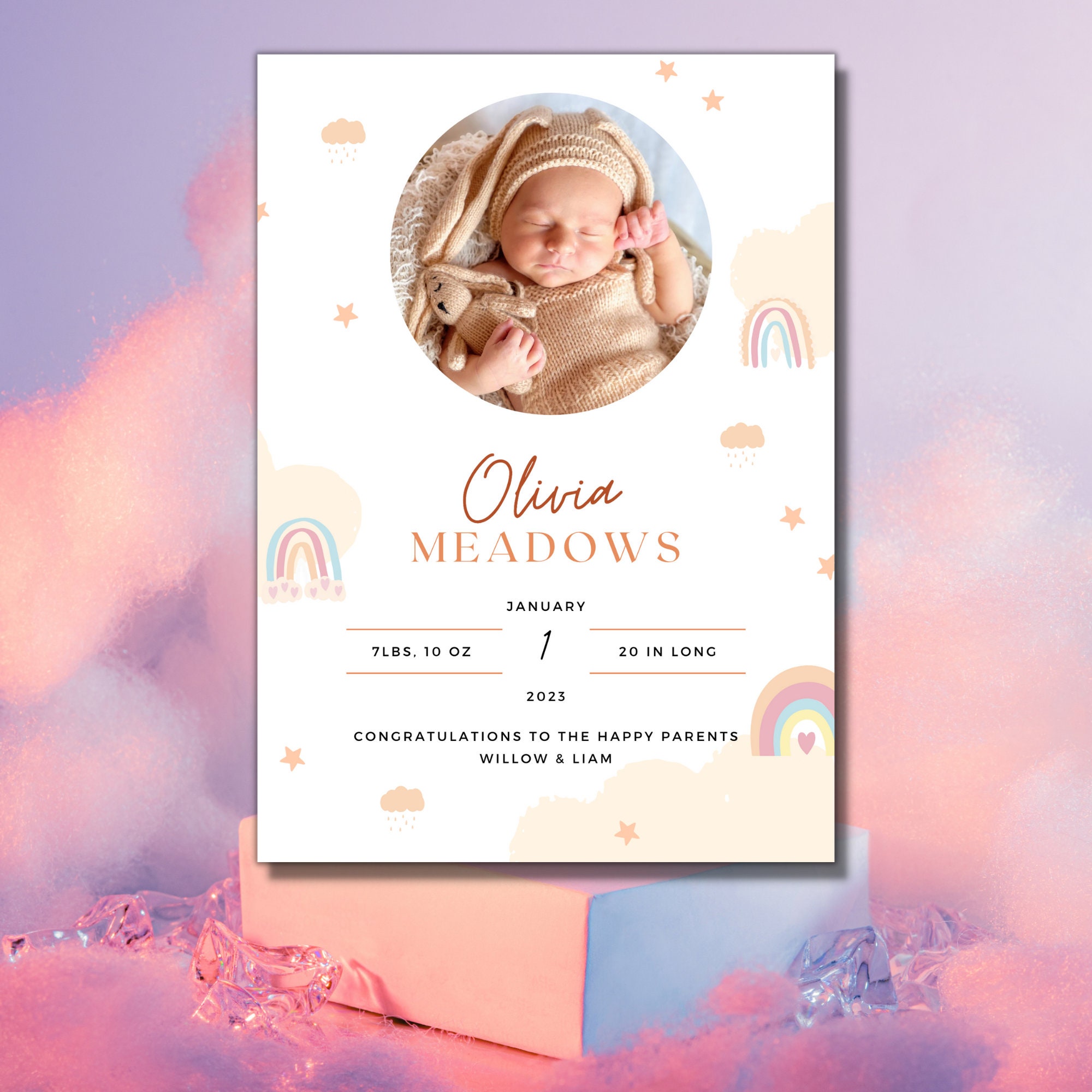 Rainbow Birth Announcement PRINTABLE, INSTANT DOWNLOAD, Editable, Canva ...