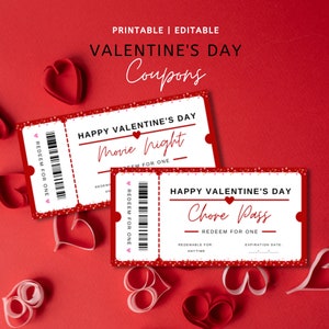 Valentine&#39;s Day Coupon Book PRINTABLE, INSTANT DOWNLOAD, Editable Valentine&#39;s Day Coupons, Last Minute Gift for Her, Gift for Him
