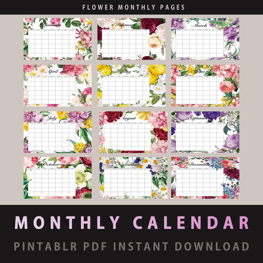 FLOWER MONTHLY CALENDAR A3, Digital Monthly, Daily Planner, Monthly ...