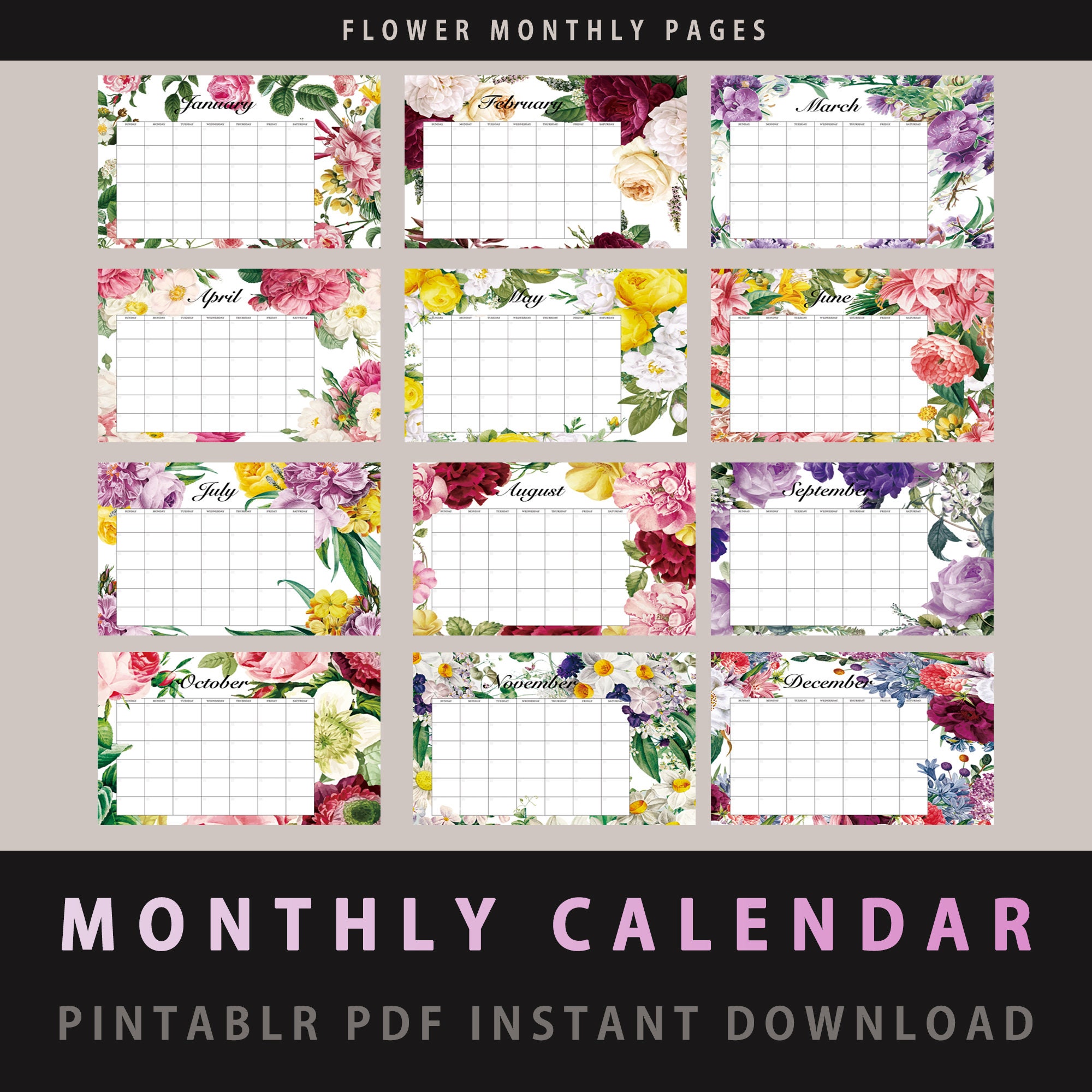 FLOWER MONTHLY CALENDAR A3, Digital Monthly, Daily Planner, Monthly ...