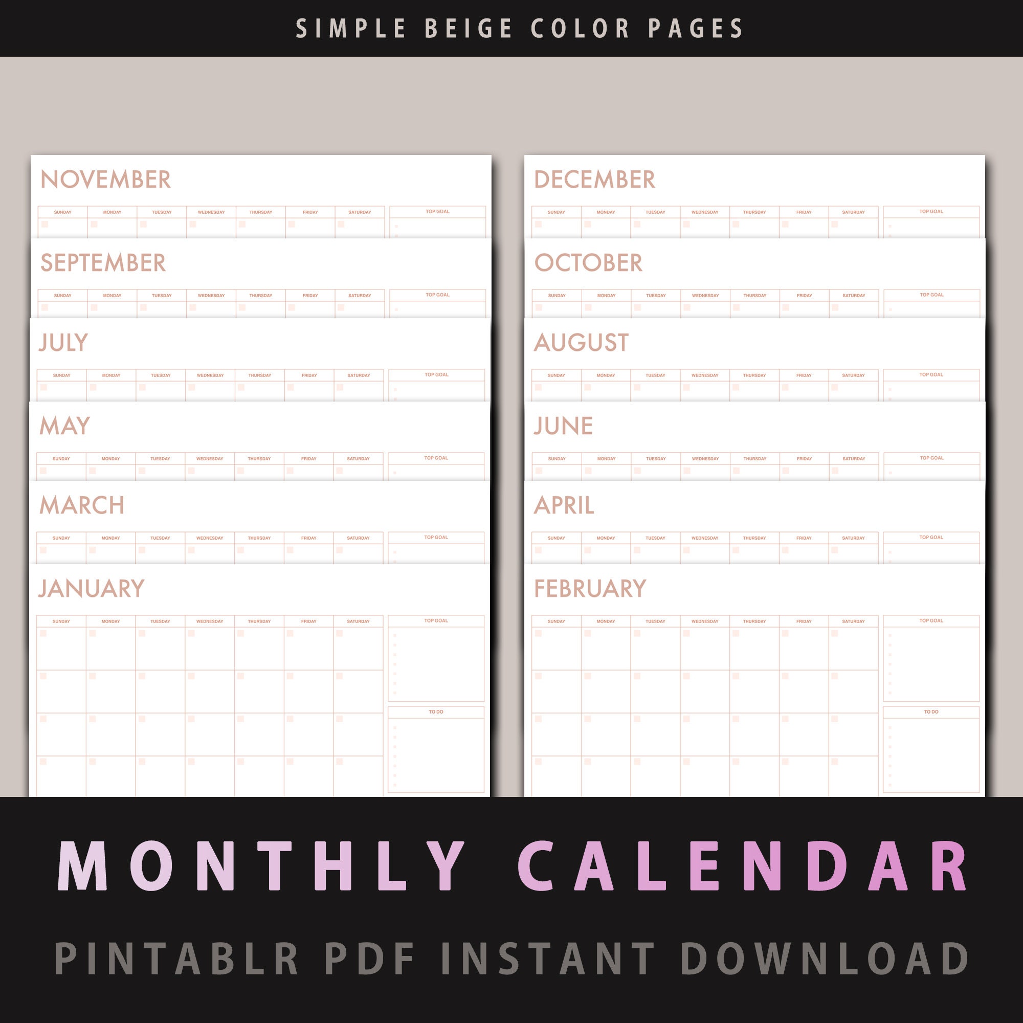 Printable MONTHLY CALENDAR A3, Digital Monthly, Daily Planner, Monthly ...