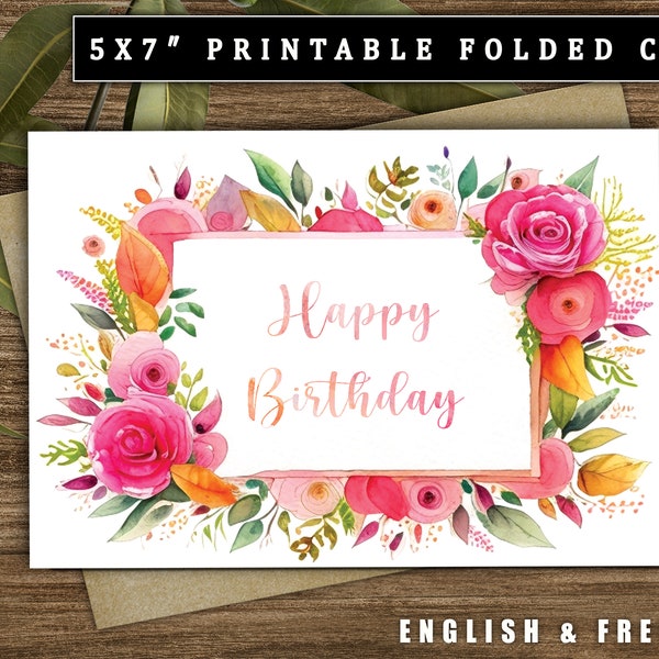 happy birthday card,Joyeux anniversaire,Digital Printable Card,Printable Card ,watercolor card,Digital Birthday Card,carte d'anniversaire