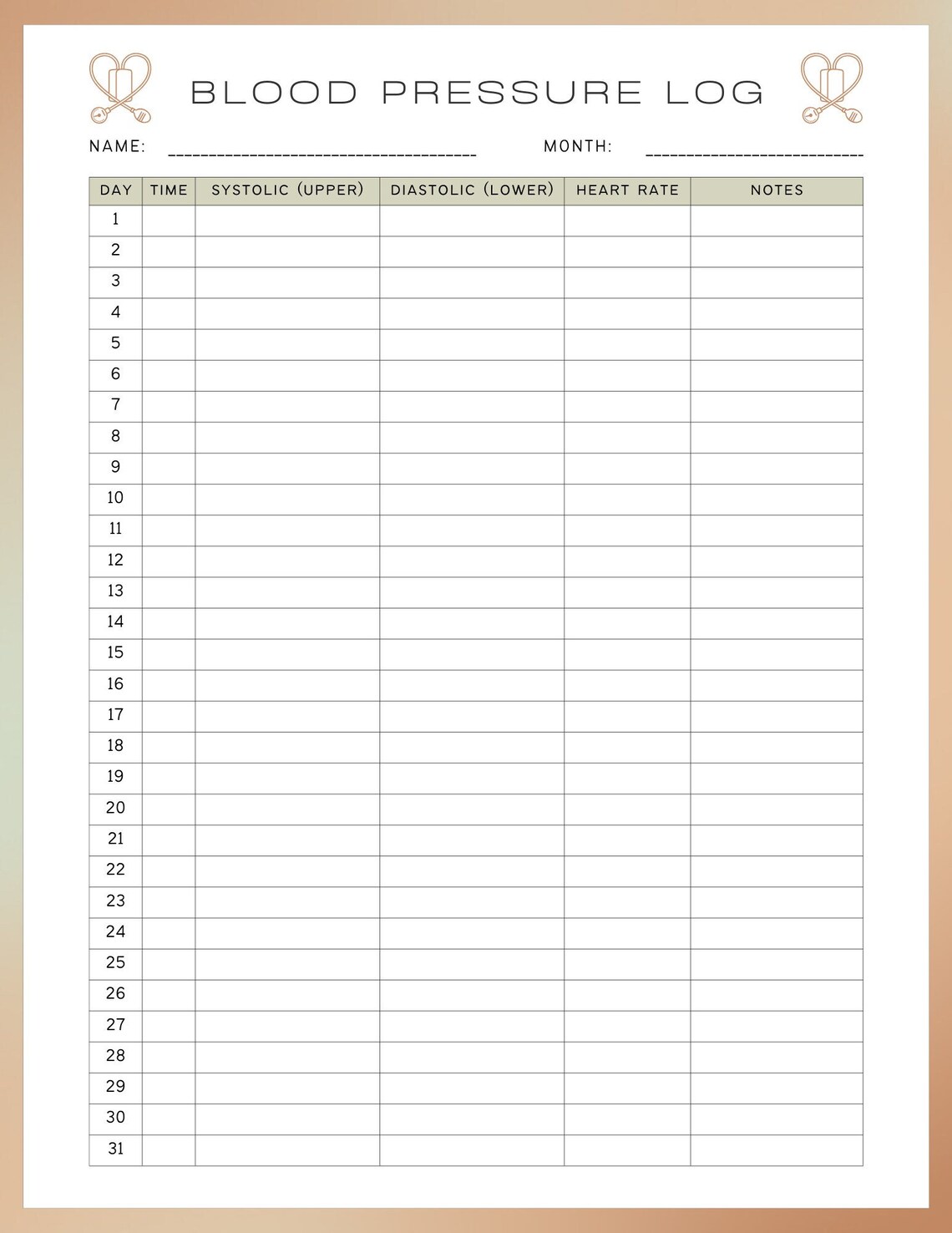 Blood Pressure Log Monthly - Etsy