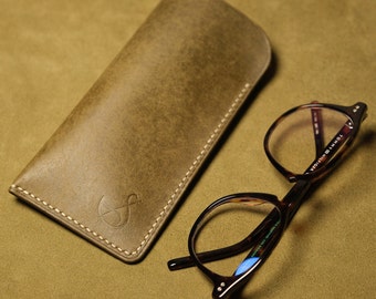 Handmade Olive Pueblo Leather Eyeglass Case - Genuine Leather, 16x8 cm