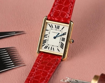 Cartier Tank Glänzend Alligator Lederarmband - Schnellspanner - Benutzerdefinierte Farben verfügbar (Handnaht)