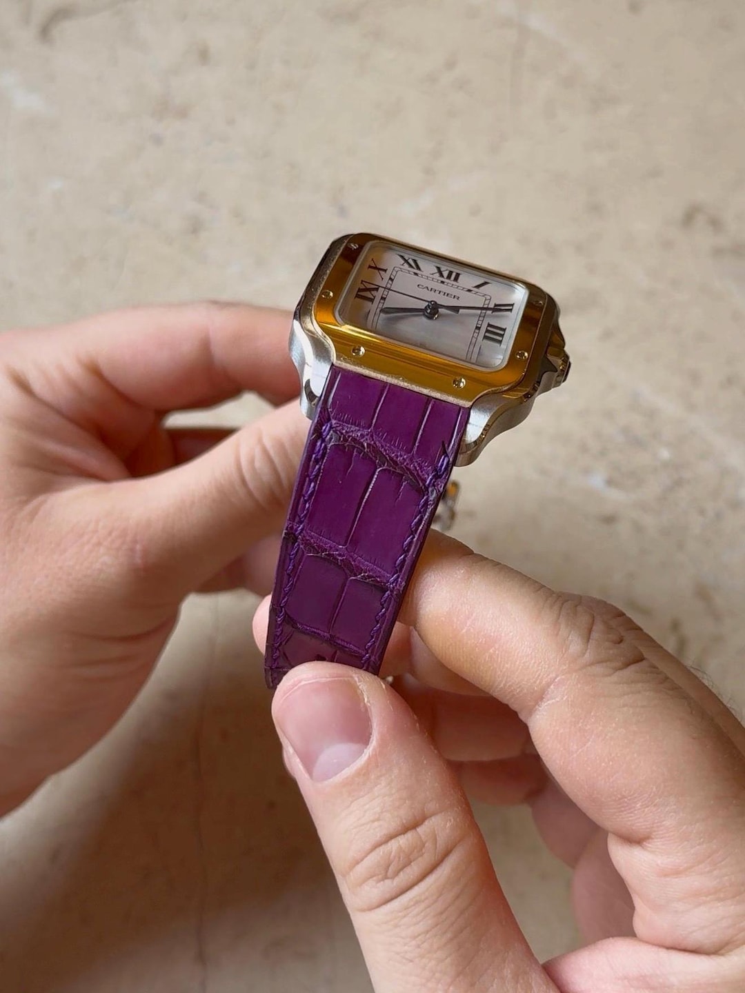 Tamaミニべニュワール クロコ 純正 ベルト 紫 Cartier 時計 Tamaミニべ