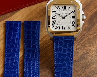 Cartier Santos 100  Shiny Alligator Leather Watch Strap – Butterfly for Buckle - Custom Colors Available (Hand Stitching)