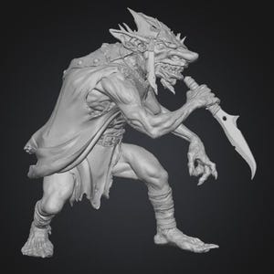 May include: A gray 3D-printed figurine of a goblin-like creature holding a curved blade. The creature has sharp teeth, pointed ears, and a tattered cloak. The figure is posed in a dynamic stance, suggesting movement.