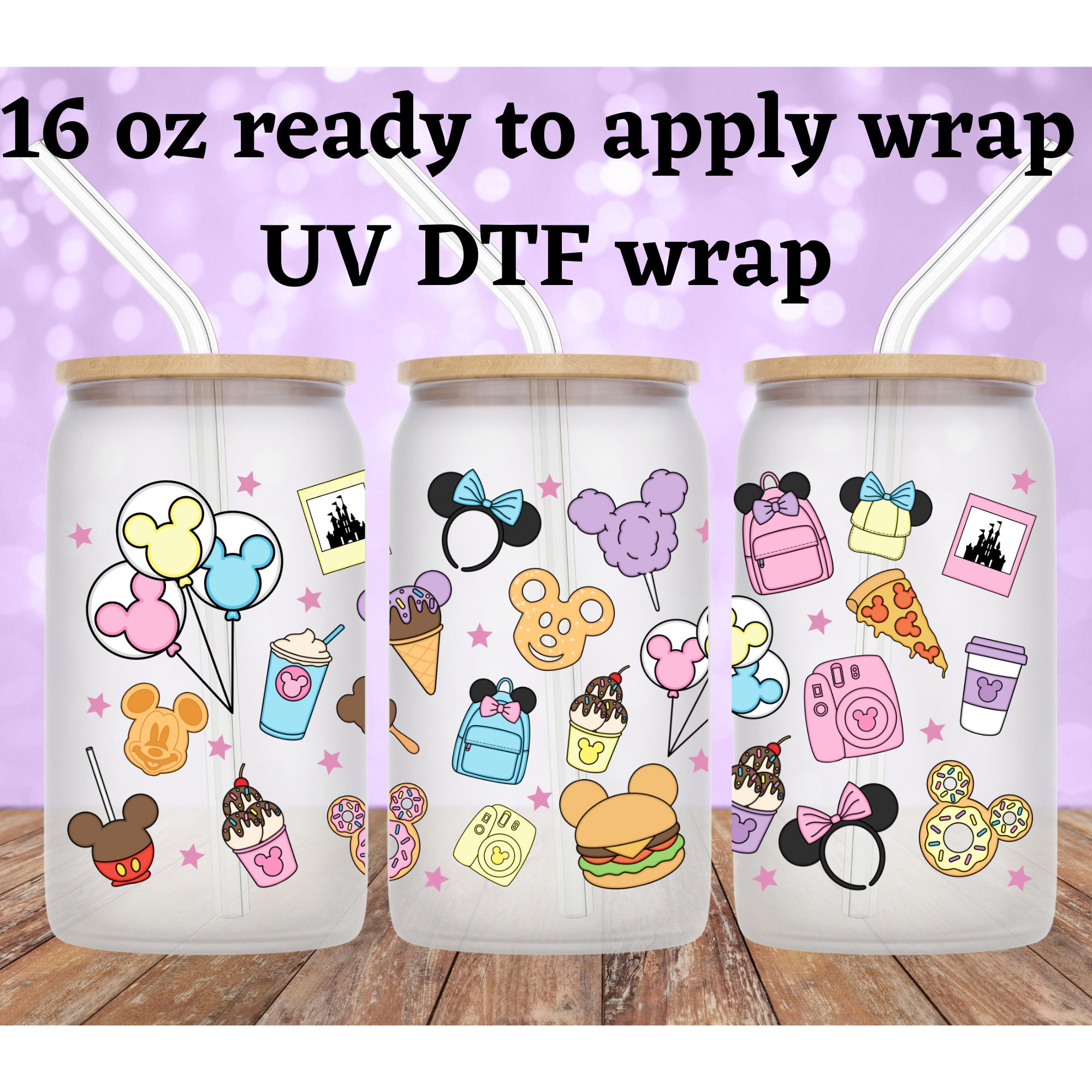 UV DTF Theme Park Snacks Cup Wrap | 16oz. Glass Can Wrap | UVDTF Wrap |  Ready to Apply Permanent Adhesive | No Heat | Waterproof