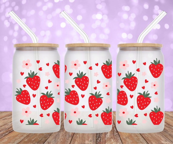 UV DTF Strawberries Cup Wrap Cup Wrap for 16oz. Glass Can UVDTF Wrap Ready  to Apply Permanent Adhesive No Heat Needed Waterproof 