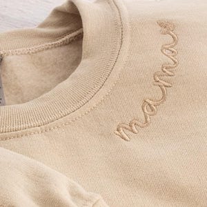 Könnte beinhalten: Beiges Sweatshirt mit gesticktem Text und einem Herz. Das Wort "mama" ist auf dem Kragen gestickt. Der Ärmel zeigt die Namen "Leonie Fabius" und ein Herz. Das Sweatshirt ist aus weichem Material.