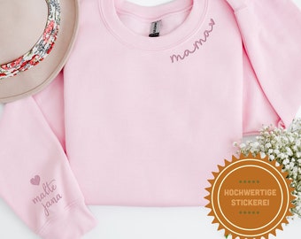 Personalisiertes Sweatshirt mit Kindernamen bestickt. Geschenk zum Muttertag, Babypartys oder Jahrestag