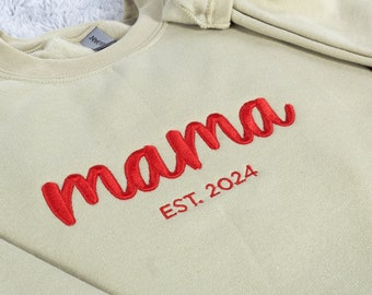 Besticktes Mama Sweatshirt personalisiert, mit 3D Puff , neue Mama Outfit, Schwangerschaft Ankündigung, Mutter Tags Geschenk