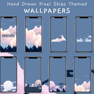 May include: Eight phone screen wallpapers featuring pixel art of clouds, a moon, and stars on a blue background. The text "My head is in the clouds" is on one of the wallpapers.