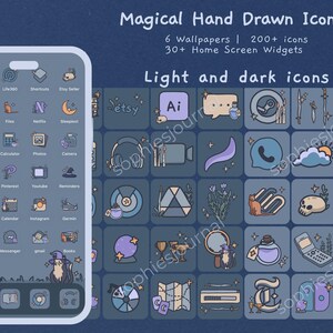 K&ouml;nnte beinhalten: Ein Handy-Bildschirmabzug, der ein Raster mit bunten Symbolen mit magischem Thema zeigt. Die Symbole sind handgezeichnet und beinhalten beliebte Apps wie Einstellungen, Laufwerk, Uhr, Google Maps, Wetter, WhatsApp, Messenger und mehr. Der Text "Magical Hand Drawn Icons" befindet sich oben im Bild.