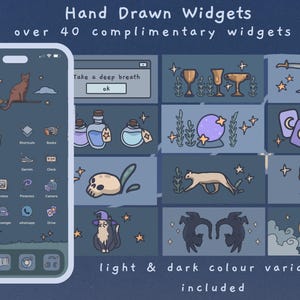 K&ouml;nnte beinhalten: Ein Telefonbildschirm, der eine Sammlung handgezeichneter Widgets in einem dunkelblauen Farbschema anzeigt. Die Widgets umfassen eine Katze auf einem Besen, einen Sch&auml;del, eine Zaubertrankflasche, eine Kristallkugel, eine Katze mit einem Hexenhut und vieles mehr. Der Text "Hand Drawn Widgets" und "over 40 complimentary widgets" wird oben auf dem Bildschirm angezeigt. Der Text "light & dark colour variants included" wird unten auf dem Bildschirm angezeigt.
