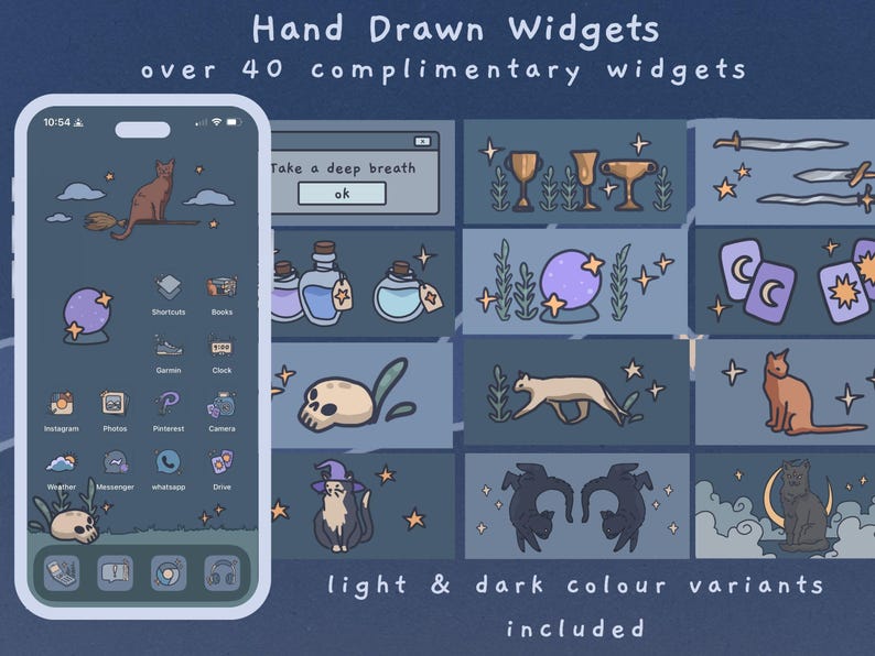 K&ouml;nnte beinhalten: Ein Telefonbildschirm, der eine Sammlung handgezeichneter Widgets in einem dunkelblauen Farbschema anzeigt. Die Widgets umfassen eine Katze auf einem Besen, einen Sch&auml;del, eine Zaubertrankflasche, eine Kristallkugel, eine Katze mit einem Hexenhut und vieles mehr. Der Text "Hand Drawn Widgets" und "over 40 complimentary widgets" wird oben auf dem Bildschirm angezeigt. Der Text "light & dark colour variants included" wird unten auf dem Bildschirm angezeigt.
