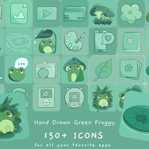 May include: A set of 150+ green frog-themed icons for mobile apps. The icons feature cute frogs, leaves, mushrooms, and other nature-inspired elements. The text "Hand Drawn Green Froggy 150+ ICONS for all your favorite apps" is displayed at the bottom of the image.