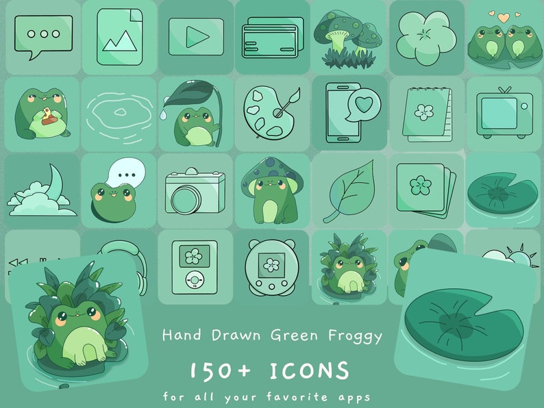 May include: A set of 150+ green frog-themed icons for mobile apps. The icons feature cute frogs, leaves, mushrooms, and other nature-inspired elements. The text "Hand Drawn Green Froggy 150+ ICONS for all your favorite apps" is displayed at the bottom of the image.