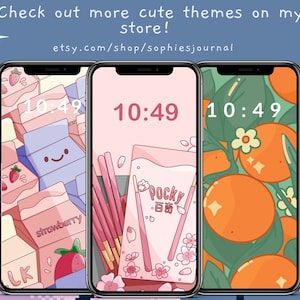 May include: Three iPhone mockups with different cute phone wallpapers. The first wallpaper features a pink and white milk carton with a strawberry design. The second wallpaper features a pink and white Pocky box with a pink cherry blossom design. The third wallpaper features a green leafy branch with orange fruit.
