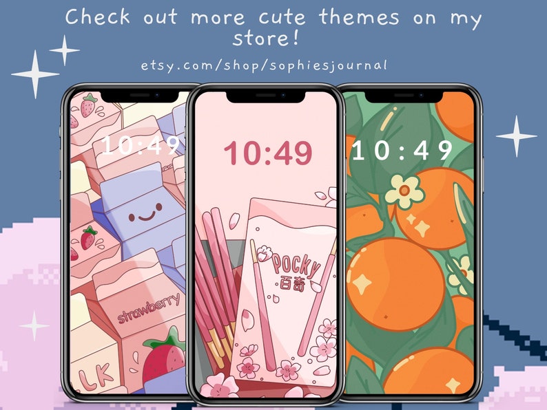May include: Three iPhone mockups with different cute phone wallpapers. The first wallpaper features a pink and white milk carton with a strawberry design. The second wallpaper features a pink and white Pocky box with a pink cherry blossom design. The third wallpaper features a green leafy branch with orange fruit.
