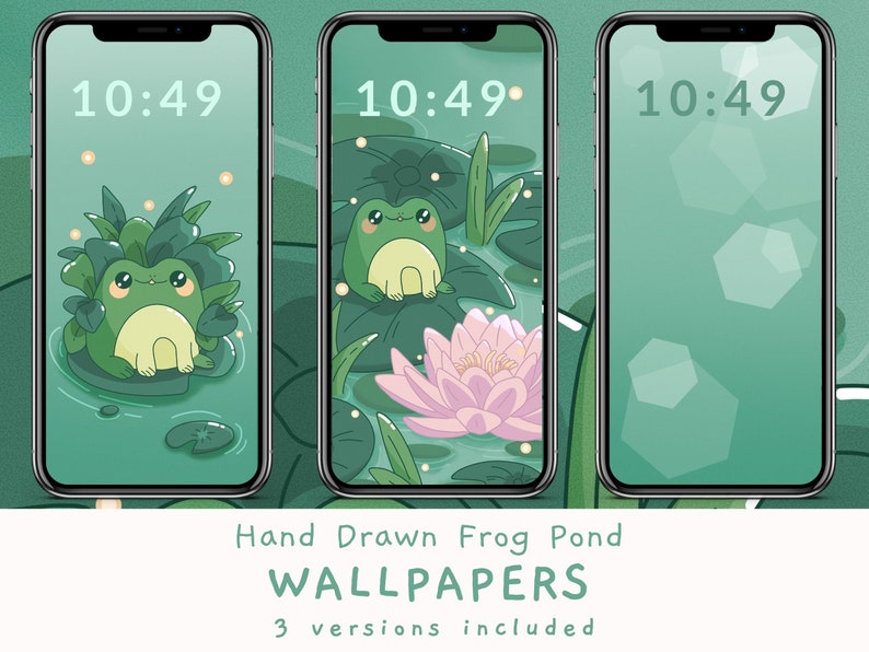 May include: Three phone wallpapers featuring a green frog sitting on a lily pad in a pond with lily pads and a pink water lily. The time 10:49 is displayed on each phone screen.