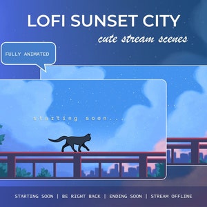Könnte beinhalten: Eine digitale Illustration einer Sonnenuntergangs-Szene mit einer schwarzen Katze, die auf einer Brücke geht. Der Text "LOFI SUNSET CITY" und "cute stream scenes" befindet sich oben im Bild. Der Text "FULLY ANIMATED" befindet sich in einer Sprechblase. Der Text "starting soon." befindet sich in der Mitte des Bildes. Der Text "STARTING SOON | BE RIGHT BACK | ENDING SOON | STREAM OFFLINE" befindet sich unten im Bild.