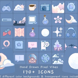 May include: A collection of 170+ hand-drawn pixel art icons in a blue and pink color scheme. The icons include a variety of themes, such as nature, technology, and everyday objects. The text "Hand Drawn Pixel Vibes 170+ ICONS 2 different color backgrounds & transparent icons included" is at the bottom of the image.