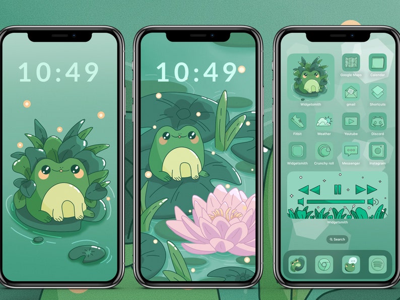 May include: A green phone screen with a frog and lily pad design. The time is 10:49. The home screen has a variety of app icons, including Fitbit, Weather, YouTube, Discord, Messenger, Instagram, and Widgetsmith.
