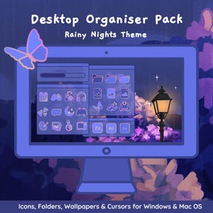 以下が含まれることがあります： 雨の夜をテーマにしたデスクトップオーガナイザーパックが表示されたコンピューター画面。画面には、紫と青の色合いのアイコン、フォルダ、壁紙が表示されています。画面の上部には「Rainy Nights Theme」というテキストが表示されています。