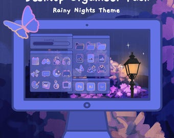 Thème pour organiseur de bureau Lofi Rainy Nights | Fond d'écran | Jeu d'icônes de bureau personnalisé pour Windows et Mac