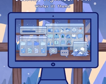 Thème mignon d'organisateur de bureau de neige d'hiver | Fond d'écran | Jeu d'icônes de bureau personnalisé pour Windows et Mac