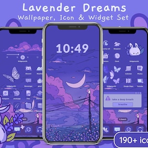 Set di icone Lavender Dreams / Icone estetiche Lo-Fi ispirate all'anime per iOS, sfondi e widget Kawaii carini per iPhone e Android