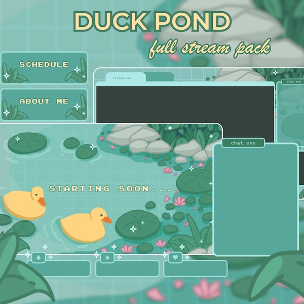 Geanimeerd Twitch Stream-pakket met Duck Pond: Kawaii Vtuber-overlays (digitale download)
