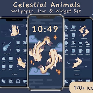 Celestial Animals iOS App Icons: Kawaii Phone Theme (Digital Download)