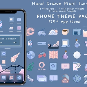 May include: A phone screen with a blue background and a variety of pixelated icons, including a cloud, a coffee cup, a camera, a moon, a flower, a game controller, a bottle, a star, a heart, a house, and a globe. The text "Hand Drawn Pixel Icons" and "PHONE THEME PACK" is at the top of the screen. The text "170+ app icons" is at the bottom of the screen.