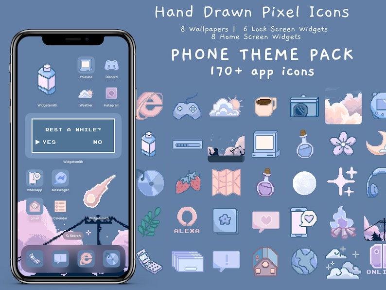 May include: A phone screen with a blue background and a variety of pixelated icons, including a cloud, a coffee cup, a camera, a moon, a flower, a game controller, a bottle, a star, a heart, a house, and a globe. The text "Hand Drawn Pixel Icons" and "PHONE THEME PACK" is at the top of the screen. The text "170+ app icons" is at the bottom of the screen.