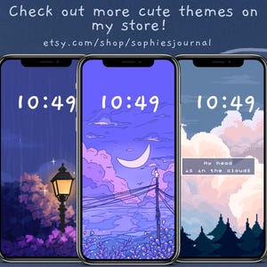 K&ouml;nnte beinhalten: Drei Telefon-Bildschirm-Mockups mit verschiedenen pastellfarbenen Hintergr&uuml;nden. Der erste Telefonbildschirm zeigt einen lila Himmel mit einer Stra&szlig;enlaterne und B&auml;umen. Der zweite Telefonbildschirm zeigt einen lila Himmel mit Wolken und einem Halbmond. Der dritte Telefonbildschirm zeigt einen rosa Himmel mit Wolken und dem Text "Mein Kopf ist in den Wolken". Alle drei Telefonbildschirme zeigen die Zeit 10:49.