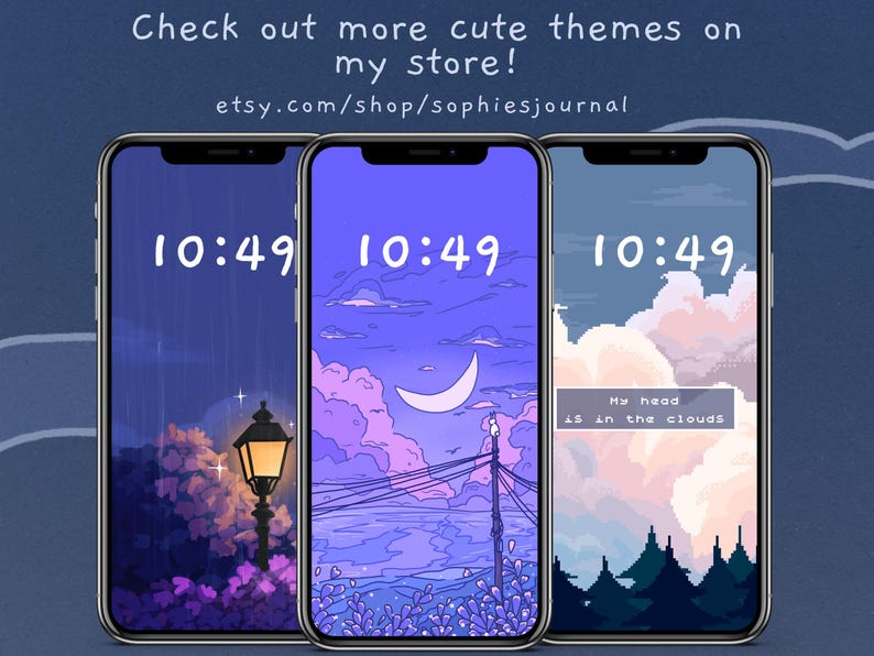 K&ouml;nnte beinhalten: Drei Telefon-Bildschirm-Mockups mit verschiedenen pastellfarbenen Hintergr&uuml;nden. Der erste Telefonbildschirm zeigt einen lila Himmel mit einer Stra&szlig;enlaterne und B&auml;umen. Der zweite Telefonbildschirm zeigt einen lila Himmel mit Wolken und einem Halbmond. Der dritte Telefonbildschirm zeigt einen rosa Himmel mit Wolken und dem Text "Mein Kopf ist in den Wolken". Alle drei Telefonbildschirme zeigen die Zeit 10:49.