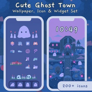 May include: A digital illustration of a phone screen displaying a "Cute Ghost Town" theme. The set includes a wallpaper, icon, and widget set. The icons and wallpaper feature a ghost theme with a purple and blue color scheme. The text "200+ icons" is visible.