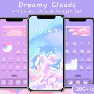 May include: A phone screen mockup featuring a dreamy clouds wallpaper, a clock widget displaying 10:49, and a set of 200+ icons. The icons are arranged in a grid on a purple background with white clouds. The wallpaper has a pastel pink and blue colour scheme with a whimsical design of three blue whales swimming in a cloud of pink and blue.