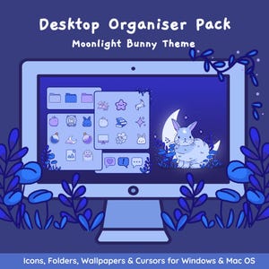 Cute Moonlight Bunny Desktop Organizer Theme | Wallpaper Background | Custom Desktop Icon Set for Windows and Mac