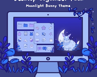 Thème d'organisateur de bureau mignon lapin clair de lune | Fond d'écran | Jeu d'icônes de bureau personnalisé pour Windows et Mac